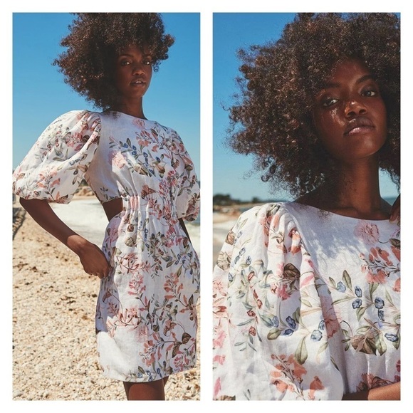 NWT CARA CARA Bonnie Dress Puff Sleeve Cutout Mini Dress Japanese Floral Size 8 - Picture 1 of 10
